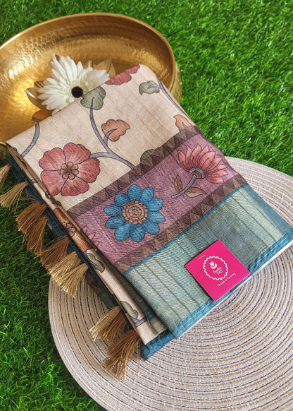 Cream And Blue Kalamkari Semi Silk Saree- Andhra