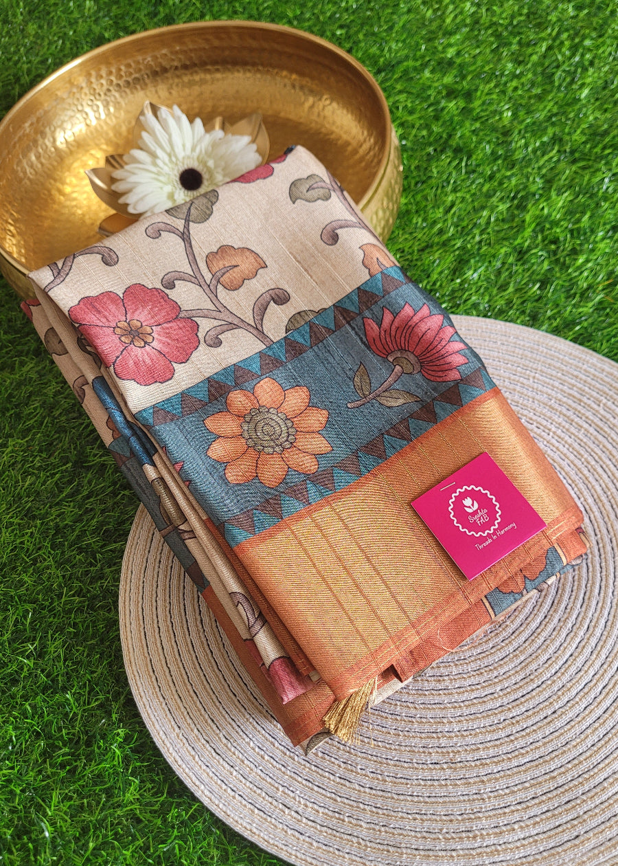 Kalamkari Semi Silk Saree In Cream And Peach- Andhra