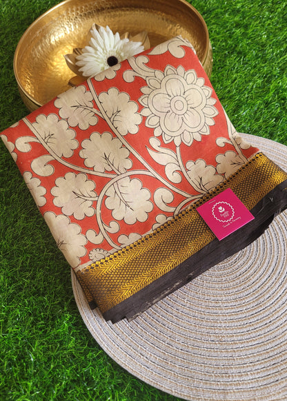 Kalamkari Semi Silk Saree With Nizam Border in Brick Red Colour - Andhra