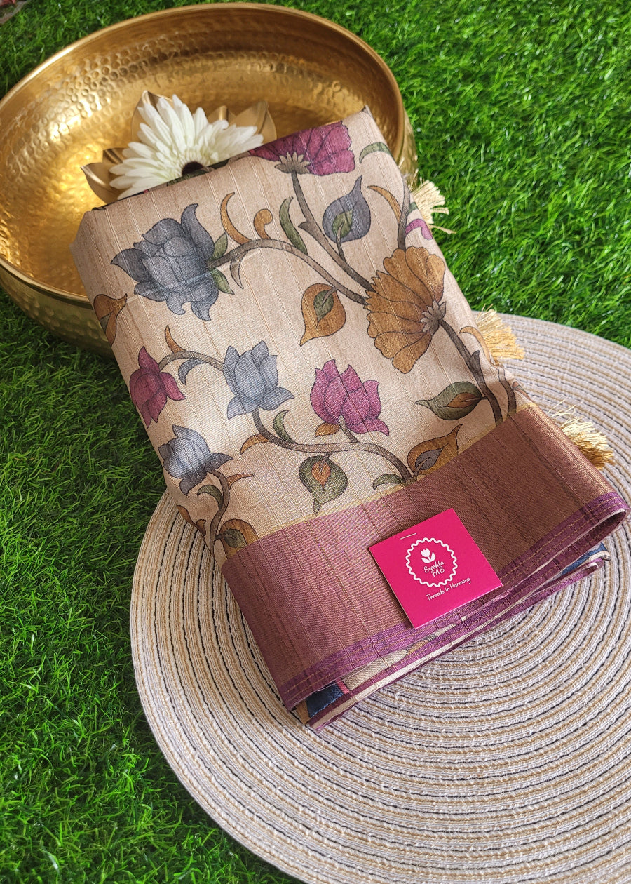 Beige Kalamkari Semi Silk With Purple Borders- Andhra