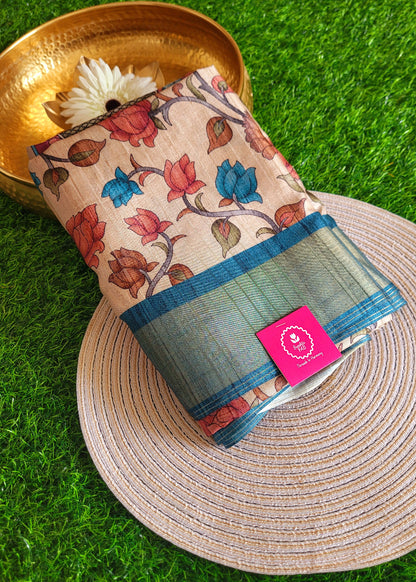 Kalamkari Semi Silk In Cream And Teal Blue- Andhra