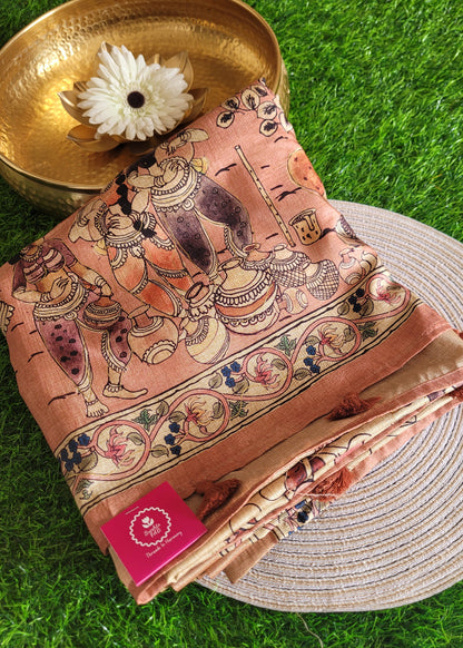 Cream And Peach Colour Kalamkari SemiSilk Saree With Maggam Work-Andhra