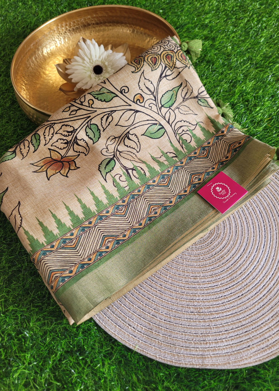 Cream and Sage Green Kalamkari Semi Silk With Maggam Work- Andhra