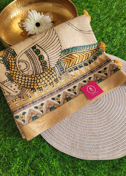 Sandal And Yellow Colour Kalamkari Semi Silk Saree With Maggam Work- Andhra