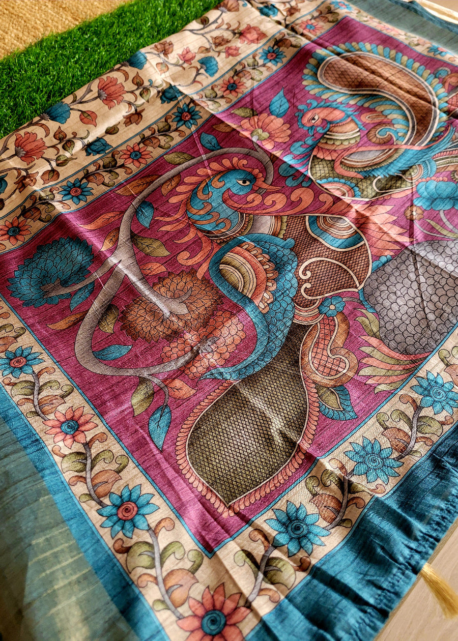 Kalamkari Semi Silk In Cream And Teal Blue- Andhra