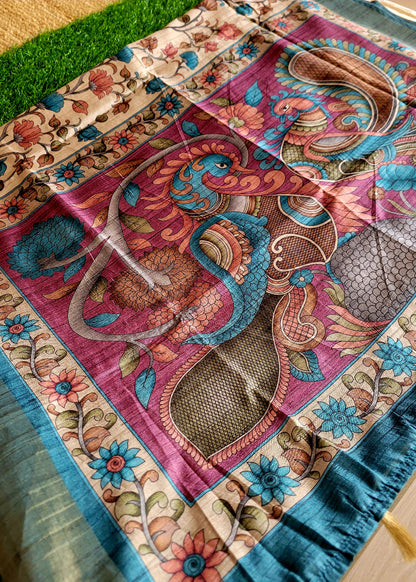 Kalamkari Semi Silk In Cream And Teal Blue- Andhra