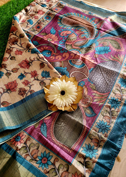Kalamkari Semi Silk In Cream And Teal Blue- Andhra