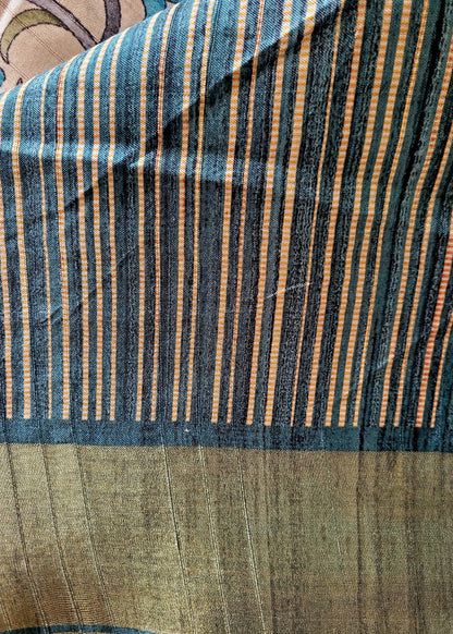 Kalamkari Semi Silk In Cream And Teal Blue- Andhra