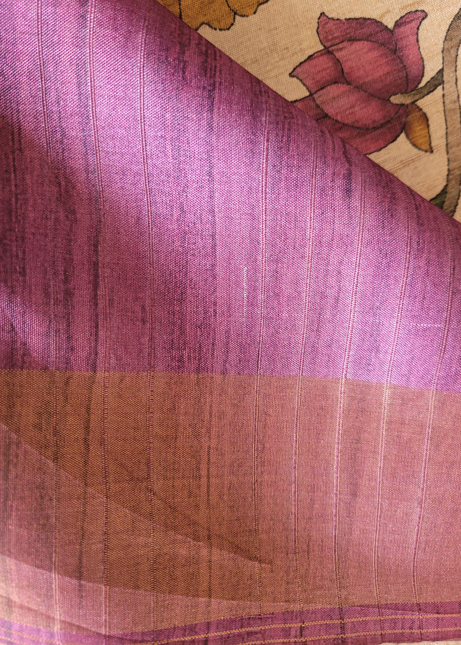 Beige Kalamkari Semi Silk With Purple Borders- Andhra