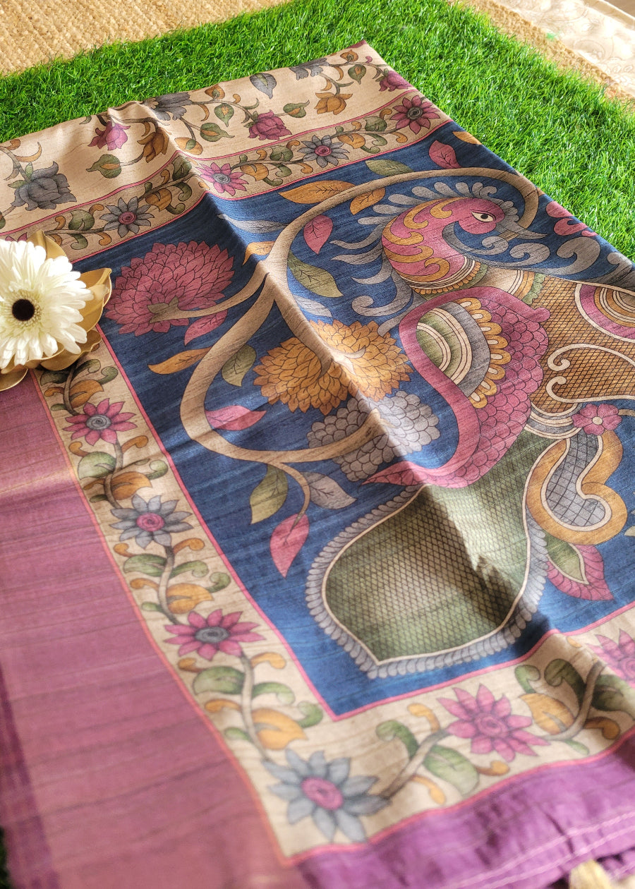 Beige Kalamkari Semi Silk With Purple Borders- Andhra