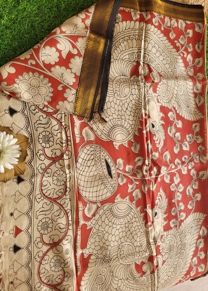 Kalamkari Semi Silk Saree With Nizam Border in Brick Red Colour - Andhra