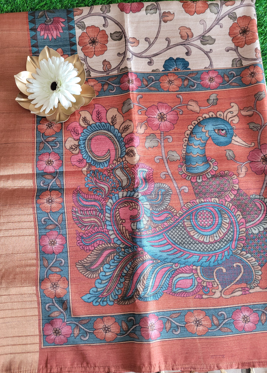 Kalamkari Semi Silk Saree In Cream And Peach- Andhra