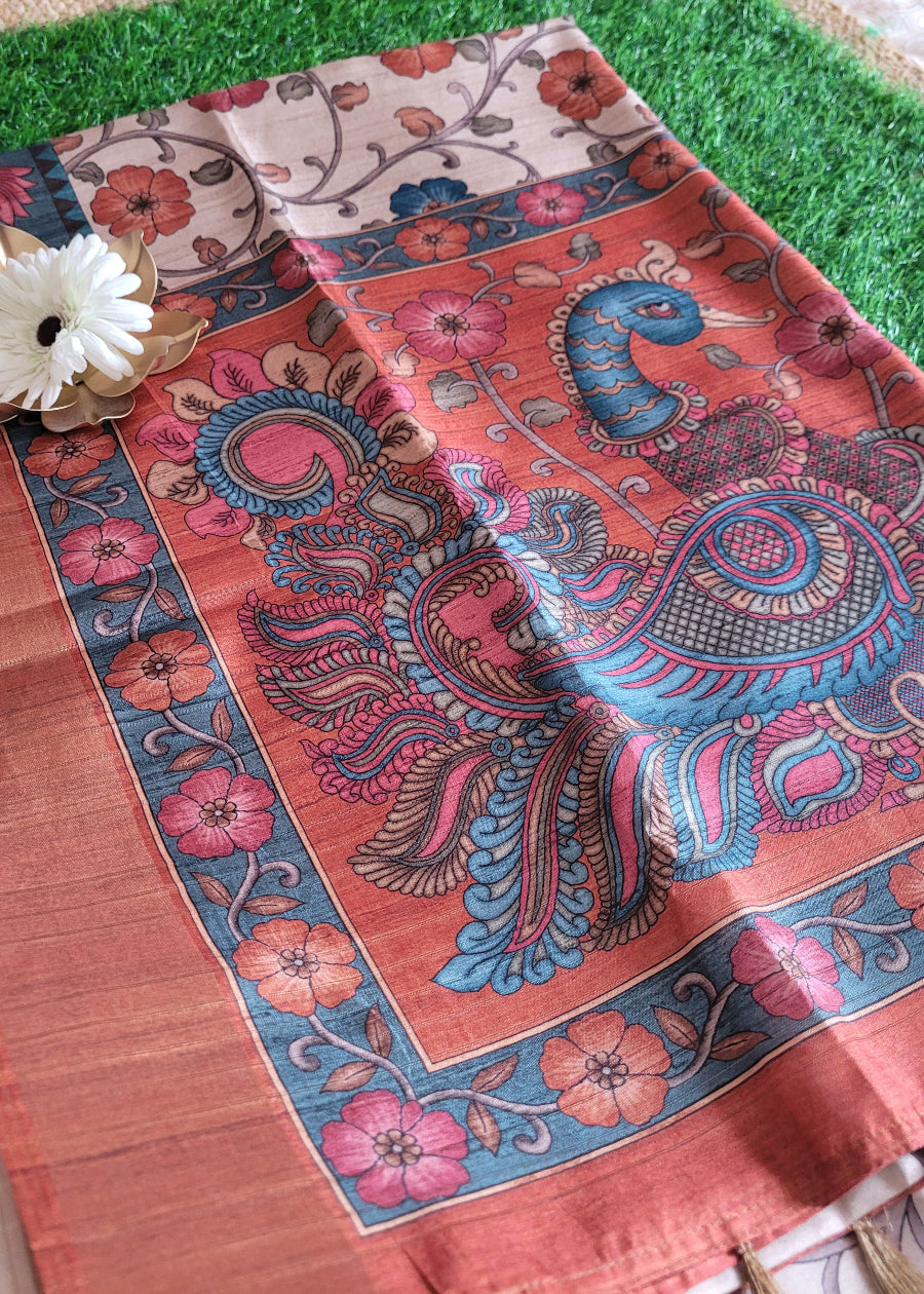 Kalamkari Semi Silk Saree In Cream And Peach- Andhra