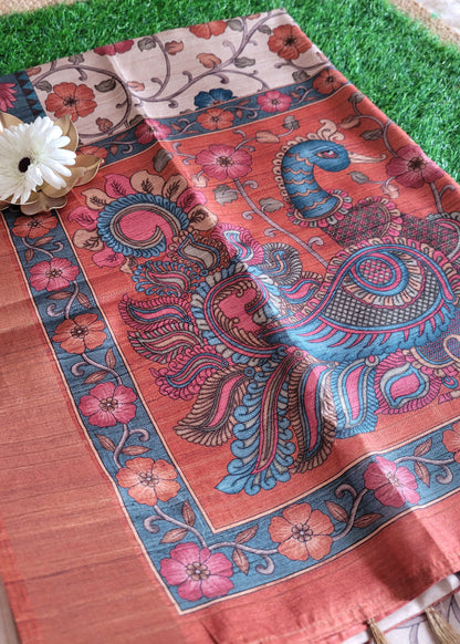 Kalamkari Semi Silk Saree In Cream And Peach- Andhra