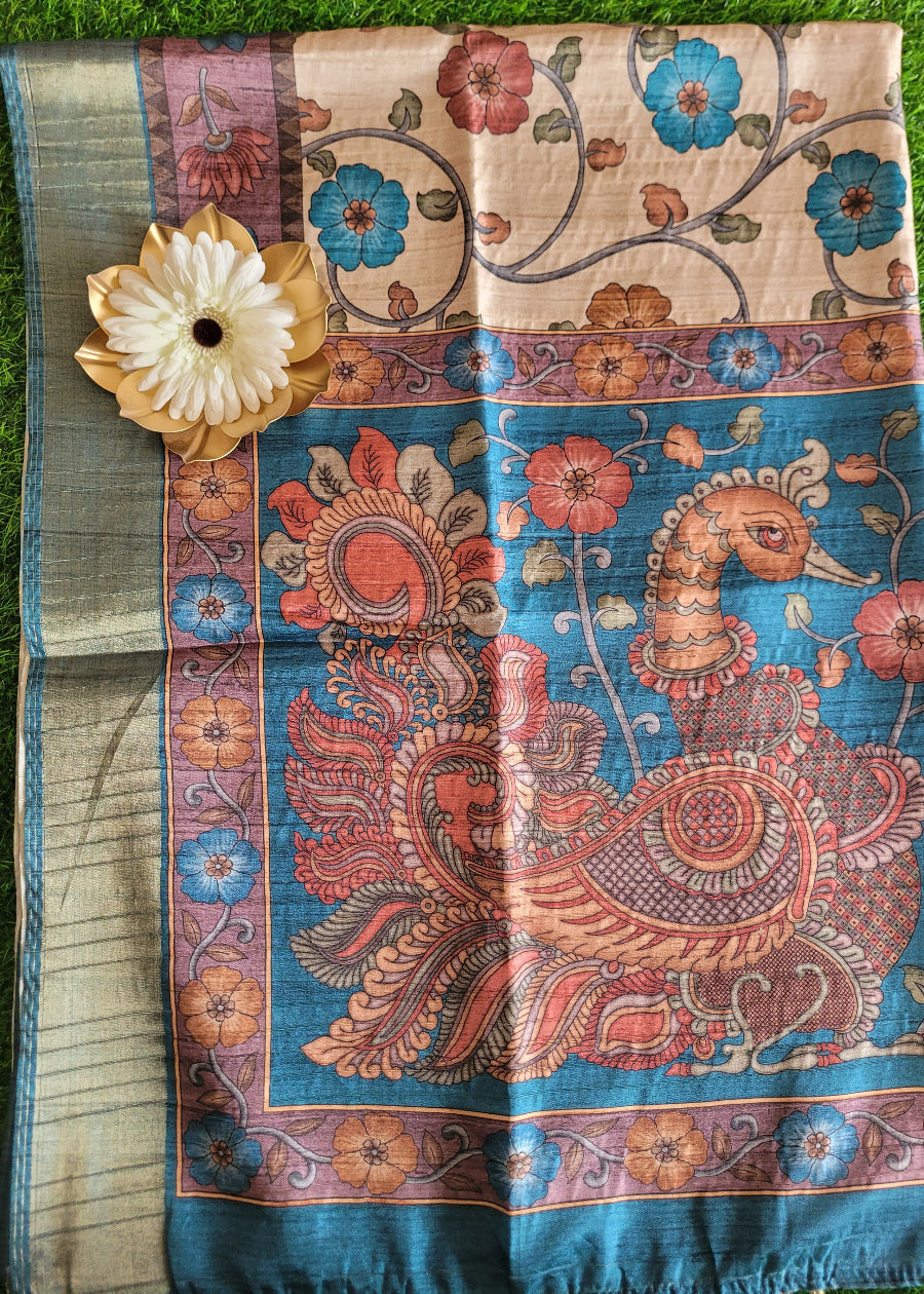 Cream And Blue Kalamkari Semi Silk Saree- Andhra