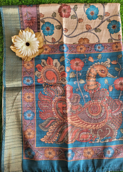 Cream And Blue Kalamkari Semi Silk Saree- Andhra