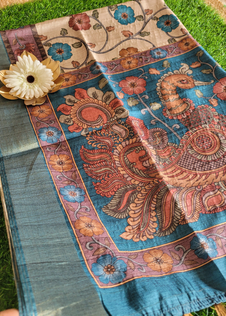 Cream And Blue Kalamkari Semi Silk Saree- Andhra