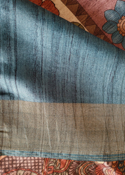 Cream And Blue Kalamkari Semi Silk Saree- Andhra