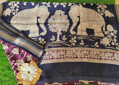 Dark Wine And Black Semi Kalamkari Silk Saree- Andhra