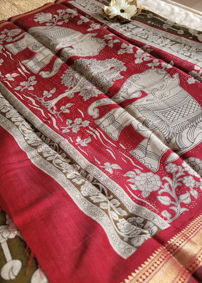 Kalamkari Semi Silk  Saree In Greengram Green And Maroon- Andhra