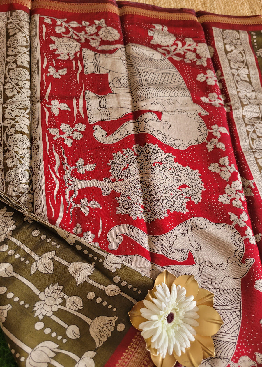 Kalamkari Semi Silk  Saree In Greengram Green And Maroon- Andhra