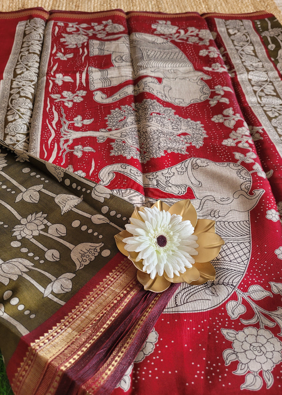 Kalamkari Semi Silk  Saree In Greengram Green And Maroon- Andhra