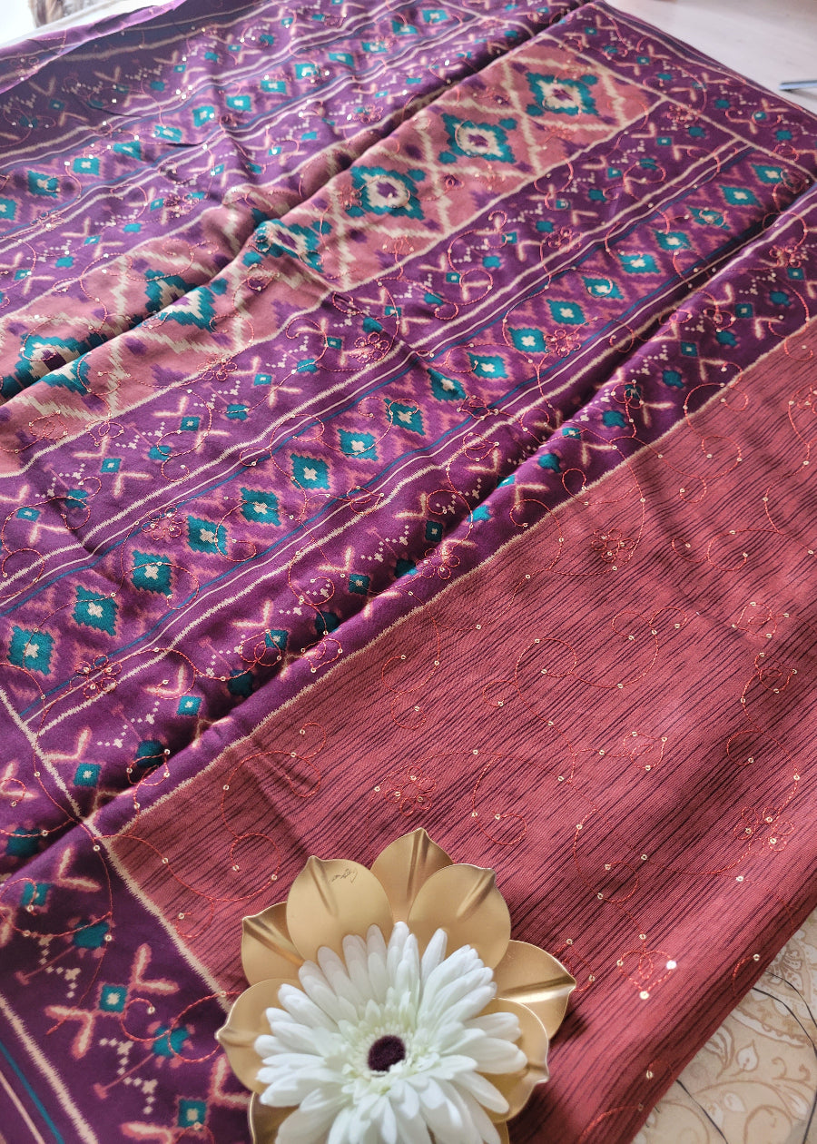 Light Chocolate and Wine Colour Mangalgiri Semi Silk With Sequins Work- Andhra
