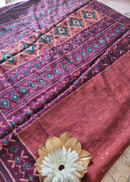 Light Chocolate and Wine Colour Mangalgiri Semi Silk With Sequins Work- Andhra