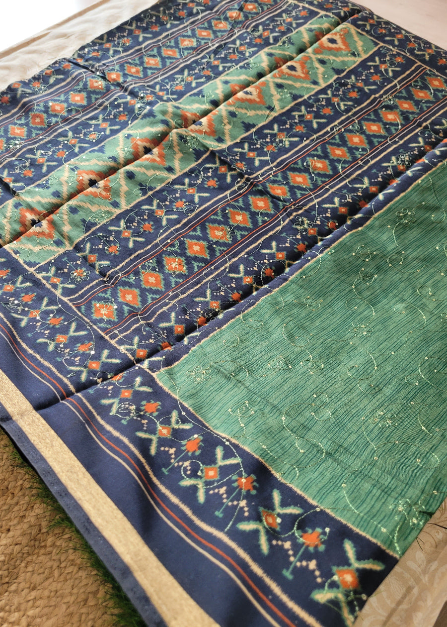 Mangalgiri Semi Silk Saree With Sequins Work In Green And Blue- Andhra