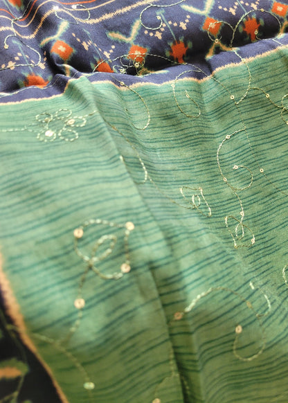 Mangalgiri Semi Silk Saree With Sequins Work In Green And Blue- Andhra