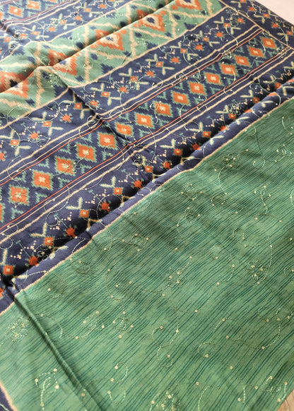 Mangalgiri Semi Silk Saree With Sequins Work In Green And Blue- Andhra