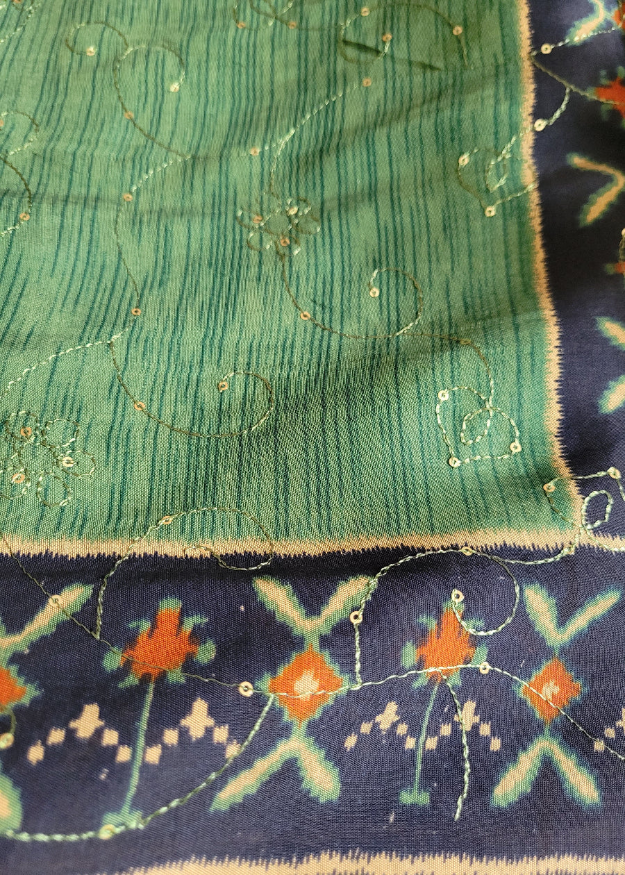 Mangalgiri Semi Silk Saree With Sequins Work In Green And Blue- Andhra