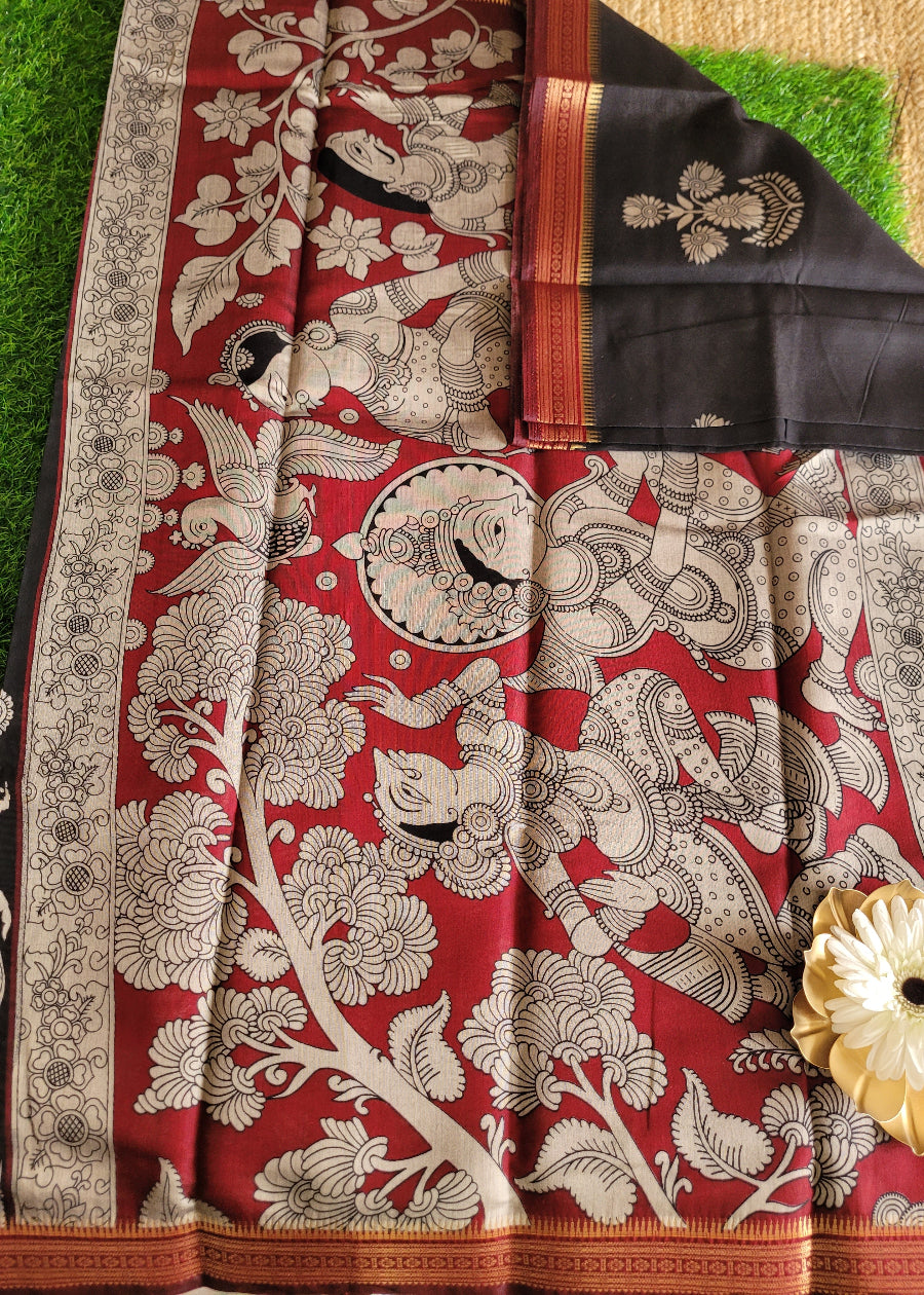 Mangalgiri Semi Silk Saree In Black And Maroon- Andhra