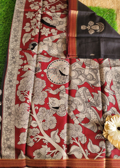 Mangalgiri Semi Silk Saree In Black And Maroon- Andhra