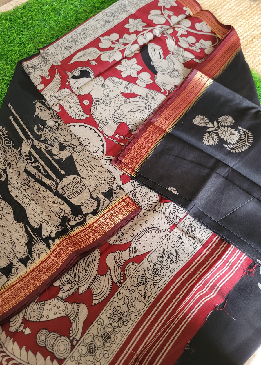 Mangalgiri Semi Silk Saree In Black And Maroon- Andhra