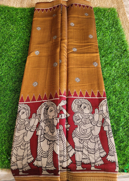 Deep Mustard And Maroon Kalamkari Semi Silk Saree - Andhra