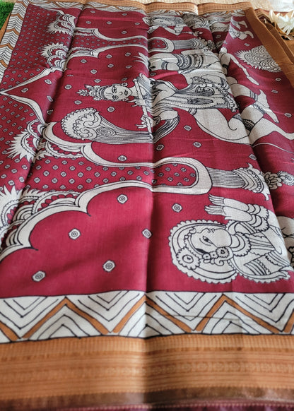 Deep Mustard And Maroon Kalamkari Semi Silk Saree - Andhra
