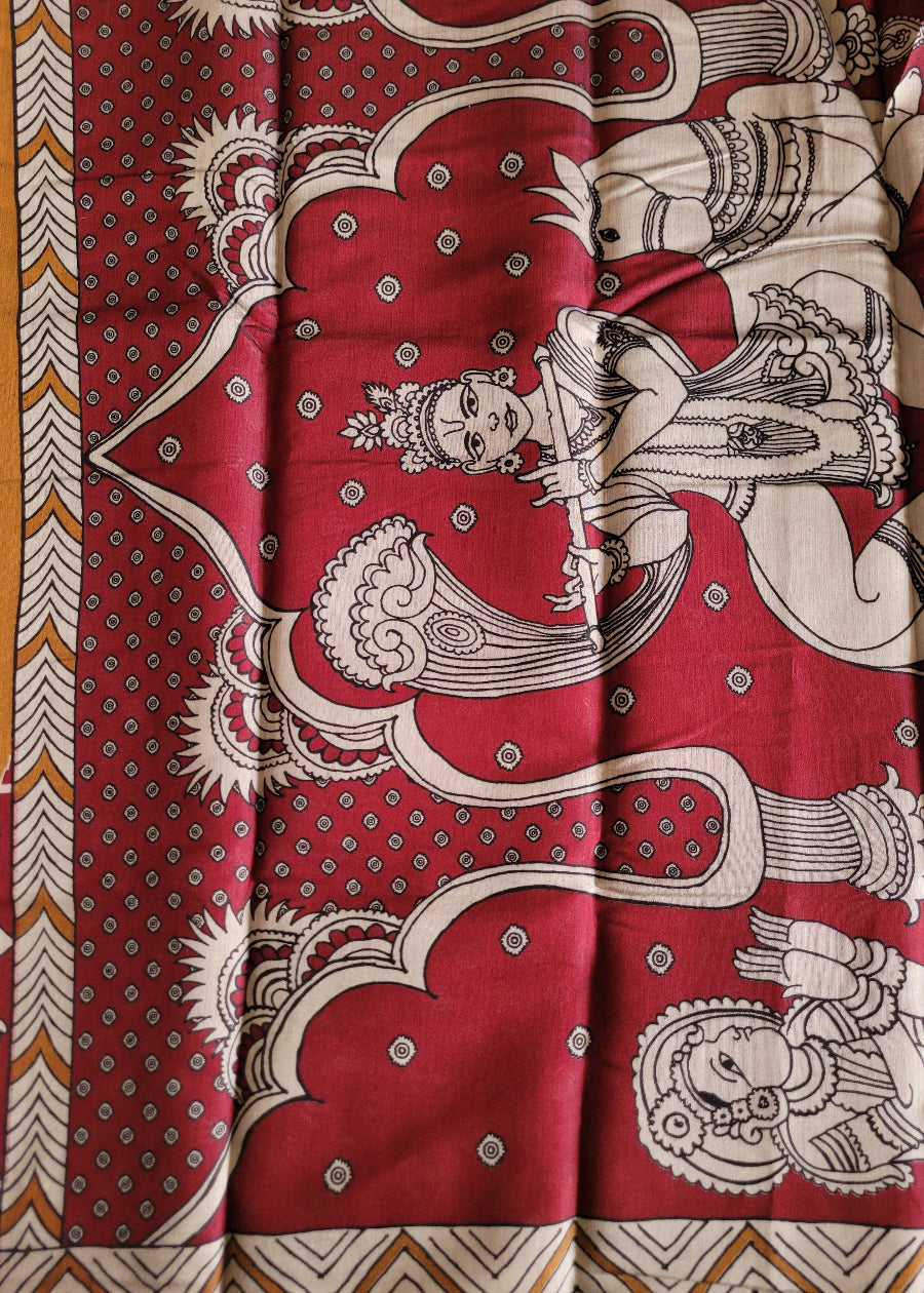 Deep Mustard And Maroon Kalamkari Semi Silk Saree - Andhra
