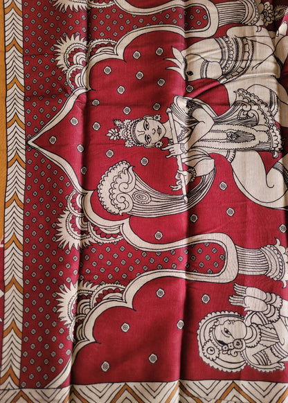 Deep Mustard And Maroon Kalamkari Semi Silk Saree - Andhra