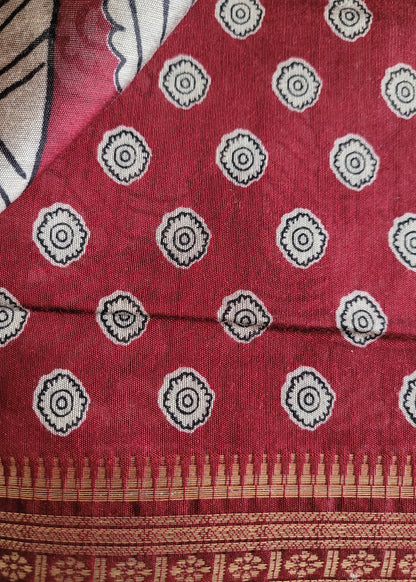 Deep Mustard And Maroon Kalamkari Semi Silk Saree - Andhra
