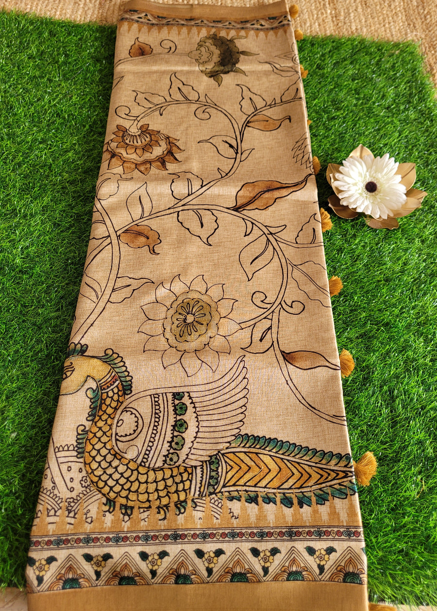 Sandal And Yellow Colour Kalamkari Semi Silk Saree With Maggam Work- Andhra
