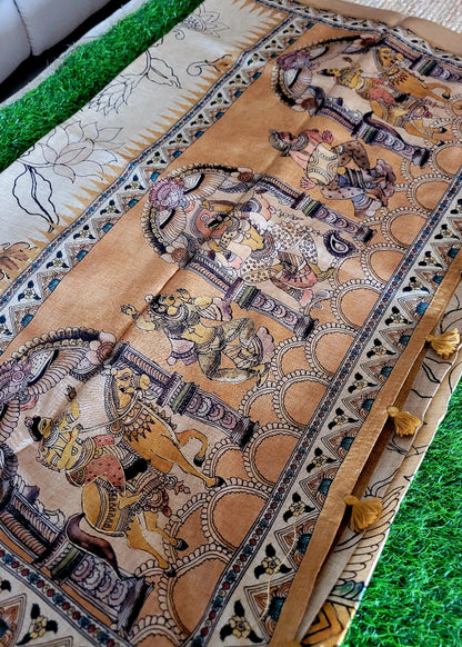 Sandal And Yellow Colour Kalamkari Semi Silk Saree With Maggam Work- Andhra