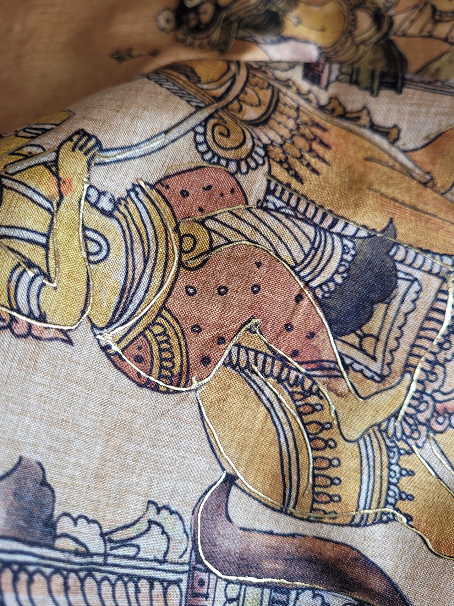 Sandal And Yellow Colour Kalamkari Semi Silk Saree With Maggam Work- Andhra
