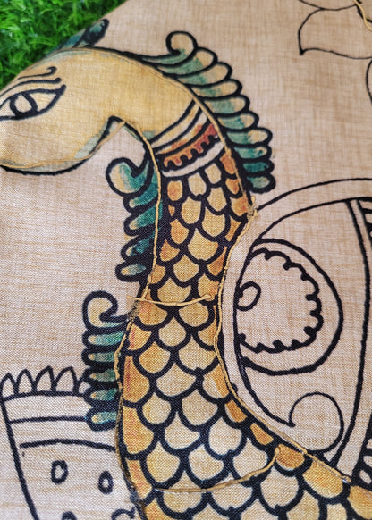 Sandal And Yellow Colour Kalamkari Semi Silk Saree With Maggam Work- Andhra