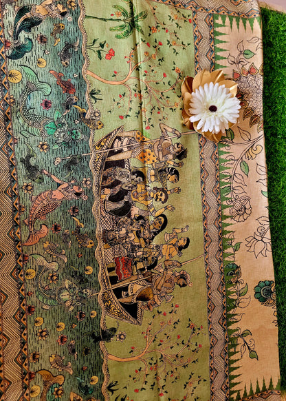 Cream and Sage Green Kalamkari Semi Silk With Maggam Work- Andhra