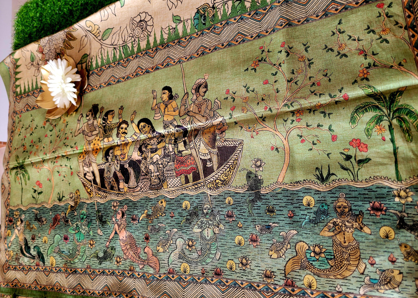Cream and Sage Green Kalamkari Semi Silk With Maggam Work- Andhra