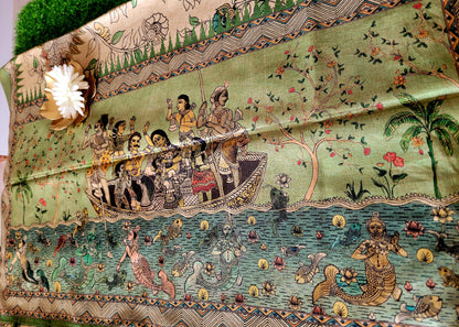 Cream and Sage Green Kalamkari Semi Silk With Maggam Work- Andhra