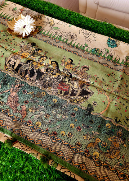 Cream and Sage Green Kalamkari Semi Silk With Maggam Work- Andhra