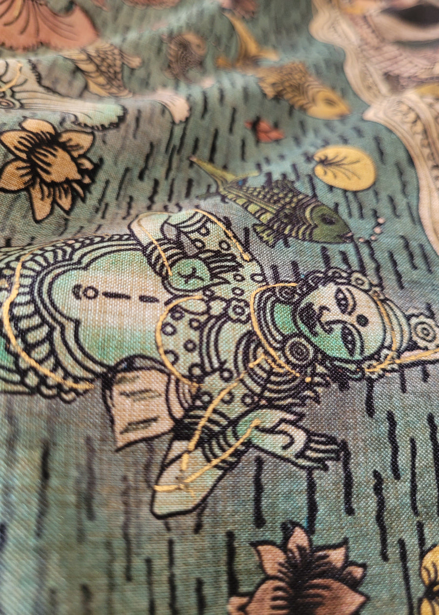 Cream and Sage Green Kalamkari Semi Silk With Maggam Work- Andhra