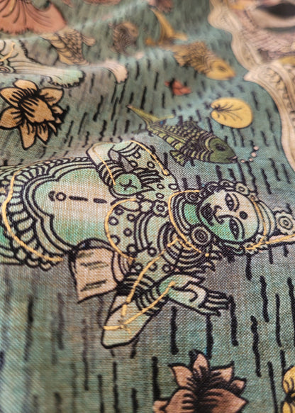 Cream and Sage Green Kalamkari Semi Silk With Maggam Work- Andhra